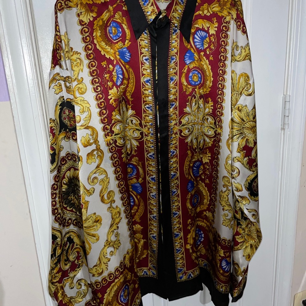 VINTAGE Versace style METALLIC SATIN SILK BAROQUE  SILK XL SHIRT Unisex